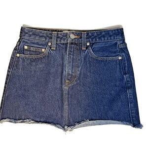 Reformation Denim Mini Skirt Dark Wash Frayed Hem Button Fly Size 25